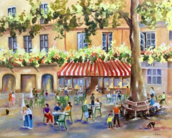 Terrasse St Antonin Noble Val - Huile sur toile - 100 x 81 cm