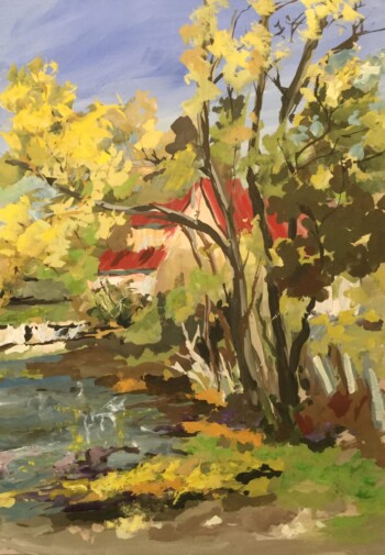 Gouache représentant une maison au bord de la rivière par une belle journée d'été.