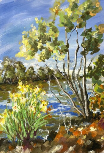 Quiétude - Iris d'Eau - Gouache encadrée - 67 x 85 cm - Promenade au bord de l'Oise. Les iris d'eau sont en fleurs. Balade au coeur de cette nature qui nous procure de belles émotions
