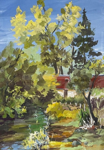 Gouache représentant une maison au bord de la rivière par une belle journée d'été.