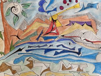 La voile rouge - Technique mixte (encre et aquarelle) sur papier